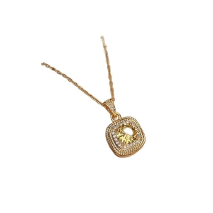 Elegant gold necklace with square yellow crystal pendant and sparkling pavé diamond border