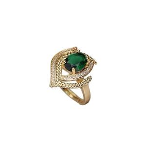 Adjustable gold ring featuring a large oval emerald green gemstone and leaf accents