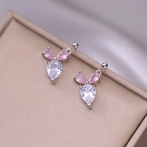 Rabbit Stud Earrings Copper With Pink Pear Shape Zircon Korean Style Sweet Animal Jewelry For Women Girls
