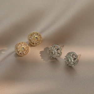 Rotating Round Zircon Stud Earrings Copper Sunflower Starburst Shape Korean Style Elegant Jewelry For Women