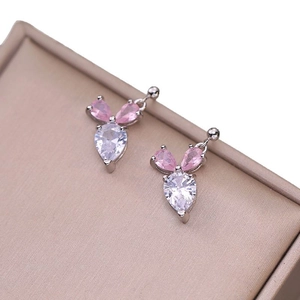 Elegant rabbit-shaped earrings with pink and white teardrop zirconia in silver setting