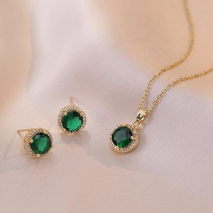 Collier À Pendentif En Zircone Vert Émeraude Et Boucles D'oreilles Acier Titane Design Halo Géométrique Bijoux Pour Femmes