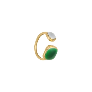 Minimalistische open gouden ring met witte en donkergroene vierkante edelstenen