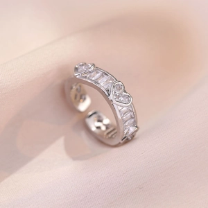 Heart Shape Zircon Open Ring Adjustable Sparkling Baguette Cut Sweet Romantic Niche Design Jewelry For Women