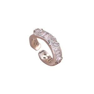 Adjustable heart-shaped zircon open ring with baguette-cut stones in silver finish