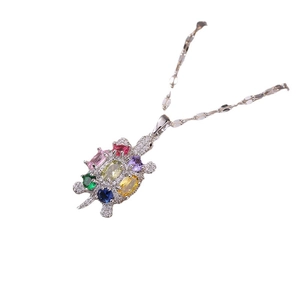 Exquisite turtle pendant necklace with multicolor oval gemstones and white zircons