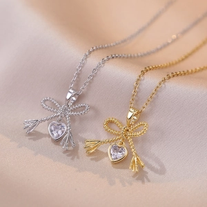 Bow Knot Heart Pendant Necklace Titanium Steel With Heart Shaped Zircon Twisted Rope Chic Retro Jewelry For Women
