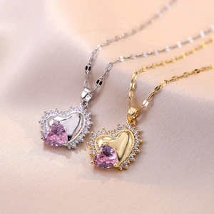 Collana Con Ciondolo A Cuore Infranto Acciaio Inossidabile Zircone Rosa Intarsiato Gioielli Di Moda Per Donne