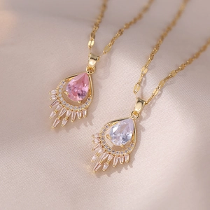 Water Drop Teardrop Pendant Necklace Titanium Steel Colorful Cubic Zirconia Elegant Geometric Tassel Clavicle Chain Women