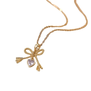 Bowknot heart necklace with gold rope texture pendant and zircon crystal for women