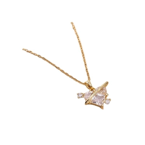 Gold planet heart pendant necklace with sparkling crystal and fine link chain