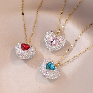 Heart Pendant Necklace Gold Plated Stainless Steel Zircon Encrusted Elegant Jewelry For Women