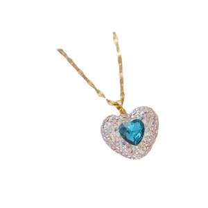 Romantic heart pendant necklace with blue crystal and colorful rhinestones on gold chain