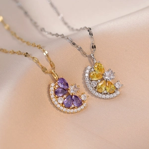 Collier Pendentif Citron Acier Titane Zircon Lune Étoile Cristal Taille Poire Bijoux Étincelants Pour Femmes
