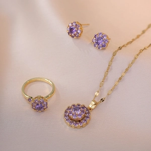Collier Fleur De Zircon Violet Bague Rotative Et Boucles D'oreilles Acier Inoxydable Plaqué Or 18K Bijoux Élégants