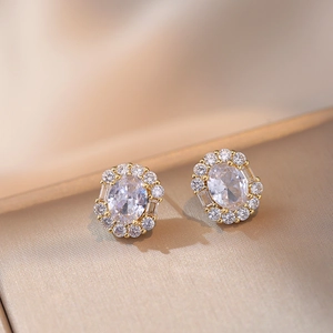 Elegant Flower Zircon Stud Earrings For Women Copper Gold Plated Minimalist Korean Style Jewelry For Wedding Party