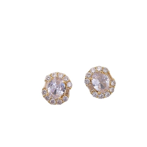 Elegant 18K gold-plated oval stud earrings with clear zircon stones and accent diamonds