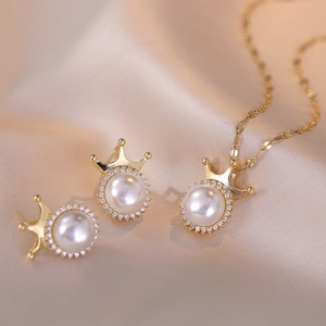 Elegant Crown Artificial Pearl Pendant Necklace And Earrings Stainless Steel Rhinestone Jewelry For Women Princess Style