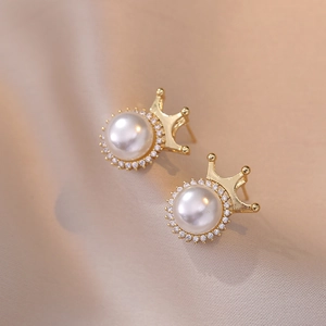 Elegant Crown Artificial Pearl Stud Earrings Copper With Zircon Retro Korean Style Jewelry For Women