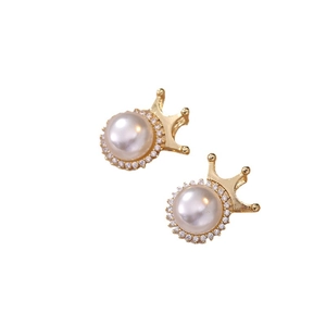 Elegant gold crown pearl stud earrings with sparkling zircon accents on white background