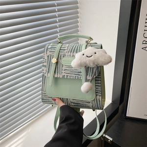 Retro mint green plaid small crossbody bag with white cloud charm and dual-use straps