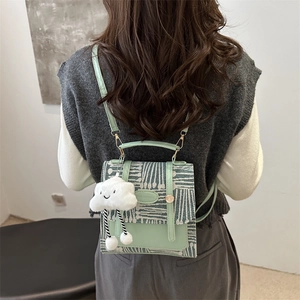 Vintage mint green plaid backpack for women with cute white cloud plush pendant accessory