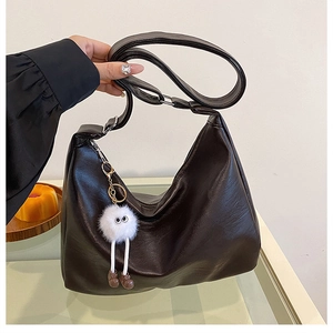 Minimalist large coffee PU leather hobo bag with cute white plush monster charm