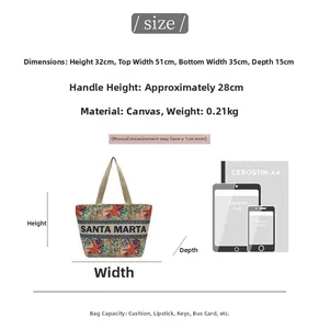 Detailed size chart for canvas tote bag showing dimensions 32x51x15cm and A4 scale