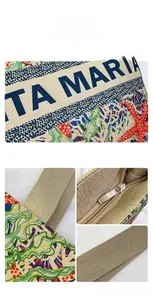 Detail showing the reinforced woven handle and metal zipper closure of this canvas tote bag