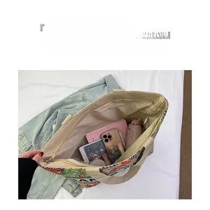 Detail of canvas tote bag showing large capacity for laptop and daily items