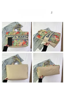 Multi-angle view of floral canvas tote bag featuring starfish and seashell prints