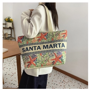 Ethnic style canvas tote bag with starfish print and Santa Marta embroidery text