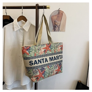 Canvas Tote Bag Large Capacity Tropical Floral Print Zipper Closure Casual Beach Vacation Handbag For Women