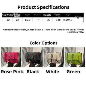 Detailed size chart and four color options for the quilted PU leather chain crossbody bag
