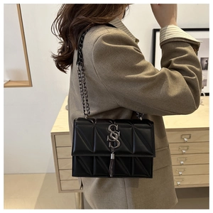 Black quilted crossbody bag with silver SS logo and chain strap worn by a female model