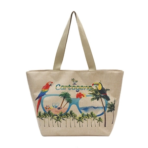 Ethnic style canvas tote bag with Cartagena tropical bird print and beige woven straps