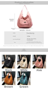 Corduroy tote bag details with brand label and color options in five different shades