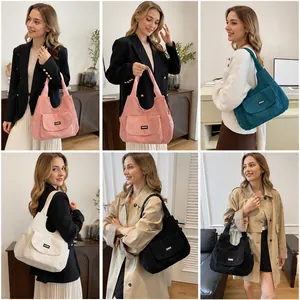 Collage of corduroy tote bags in pink, green, white, and black for daily commute