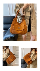 Detail of the caramel corduroy tote bag showing the textured fabric and front pocket label