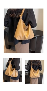 Detailed views of camel tote bag featuring unique knotted strap and lychee grain texture