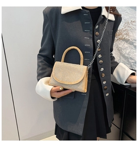 Detailansicht der beigefarbenen Mini-Strass-Handtasche mit Kristallen und Silberkette