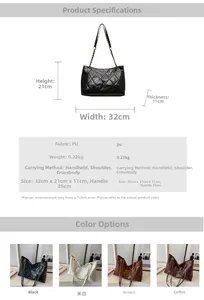 Detail view of quilted tote bag dimensions and four colors including black and brown