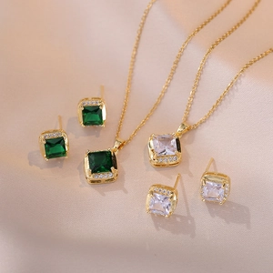 Emerald Green Square Zircon Pendant Necklace And Stud Earrings Titanium Steel Luxury Jewelry For Women