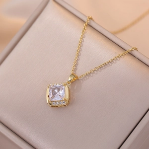 Elegant gold-plated necklace featuring a square clear zircon pendant with pavé halo