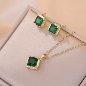 Elegant emerald green zircon necklace and earrings jewelry set in gold-tone stainless steel