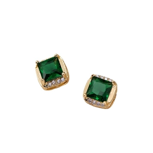 Classic gold square stud earrings with emerald-green stones and zircon pave setting