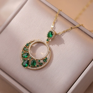Collana Pendente Zircone Smeraldo Acciaio Al Titanio Doppio Cerchio Geometrico Placcato Oro Gioielli Di Lusso Donne