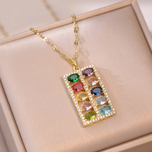 Colorful zircon abacus necklace with sparkling rectangle pendant on gold chain