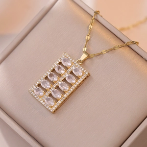 Gold-plated square abacus necklace featuring sparkling zircons and a flat fishbone chain