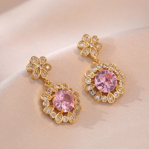 Boucles d'Oreilles Fleur en Cuivre Zircon Rose Pour Femmes Clous d'Oreilles Floraux Strass Mariage Bijoux